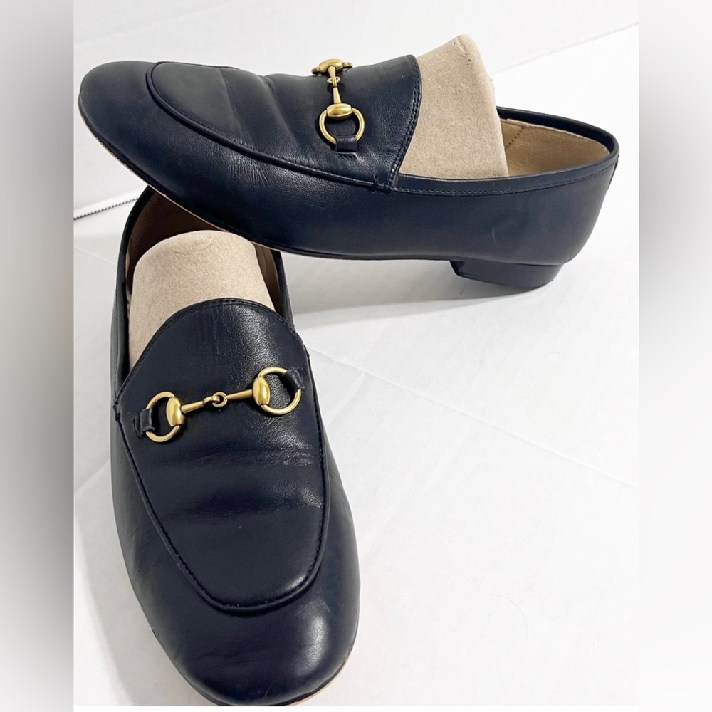 GUCCI Calfskin Jordaan Black Leather Loafers Horsebit Gold Hardware Size 38 - Picture 4 of 10